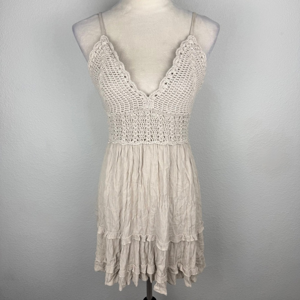 Hint of Blush Crochet Lace Tiered Ruffle Mini Dress Tan Boho Open Back Size XL